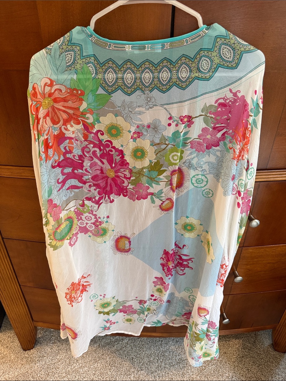 Johnny Was Floral Open-Front Tunic in Teal, White, Pink - Picture 2 of 3